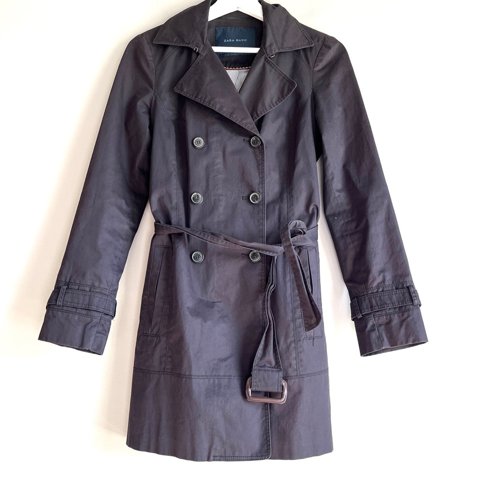 Zara black trench coat womens small double breasted button front belted cotton